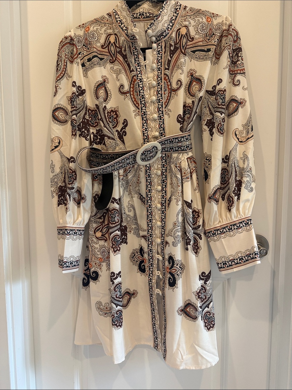 Paisley-Print Long Sleeve Belted Dress size L